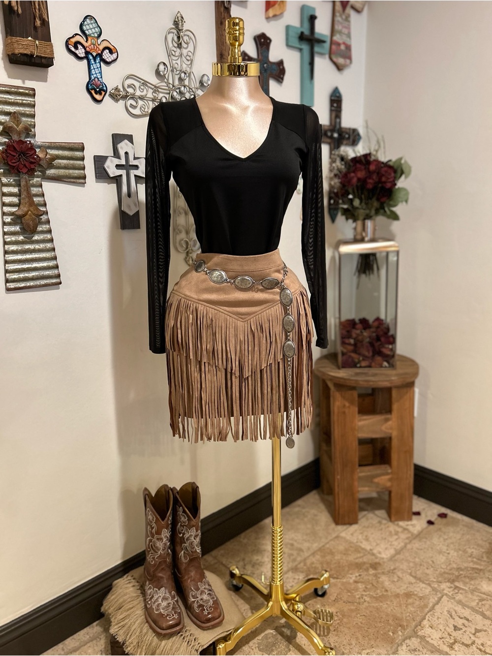 Western Tan Fringe Skirt